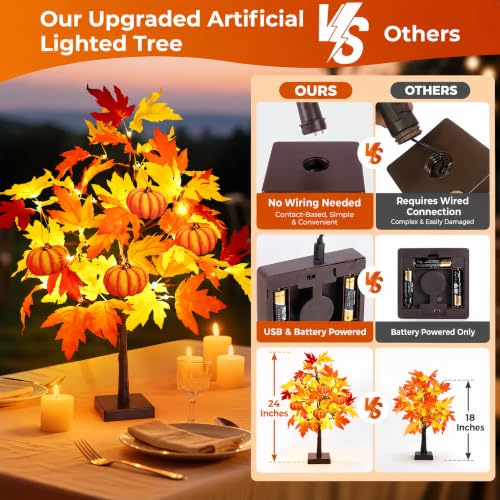 Fall Décor 2 Pack 24 Inch Fall Maple Tree with 48 LEDs Battery Operated Fall Lights with 8 PCS Pumpkin Wooden Hanging Ornaments Artificial Tree for Fall Thanksgiving Home Table Decorations