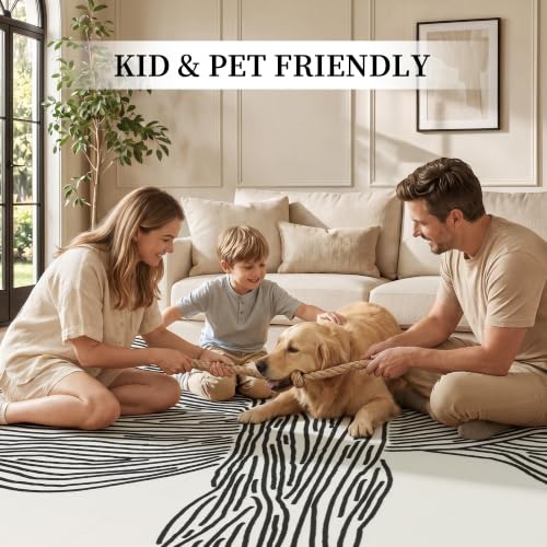 6x9 Ft Washable Area Rug, Black and Cream White Zebra Rug for Living Room - color: Modern Lines Beige, size: 6' x 9' (Rectangular)