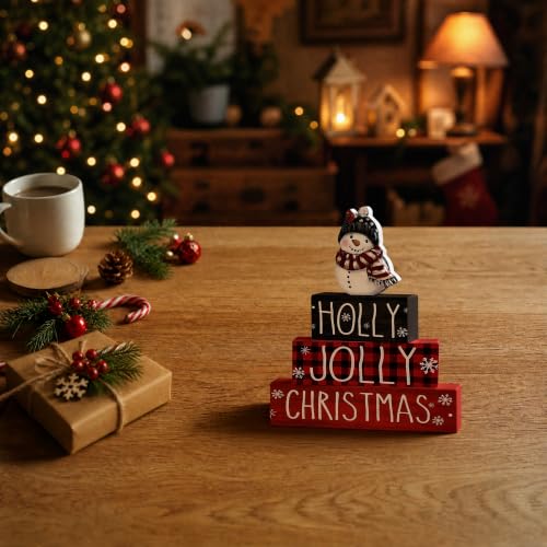 Smile 4 Pcs Wooden Christmas Block Signs, Holly Jolly Snowman Decor - style: Holly Jolly