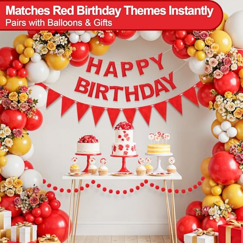 Pre-Strung Felt Happy Birthday Banner Red Garland Set - color: Red