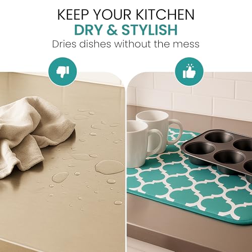 Dish Drying Mat for Kitchen Counter, Large 18 x 14 Absorbent Microfiber Pad - color: Teal Green Trellis