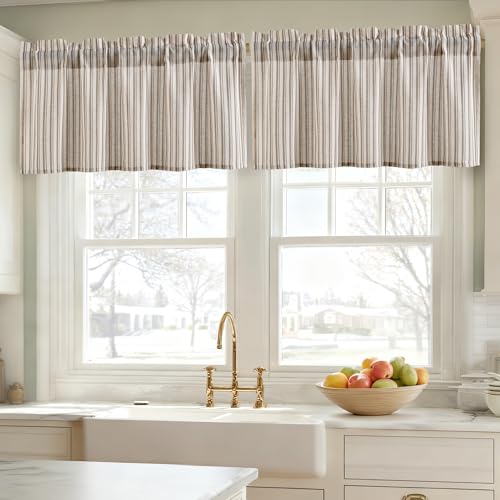 JIUZHEN 42x18 Inch Kitchen Valance - Thick Textured Linen Striped Window Valance Curtain with 3" Rod Pocket, Vertical Striped Brown (1 Panel) - color: Vertical Striped Brown, size: 42"W x 18"L (Pack of 1)