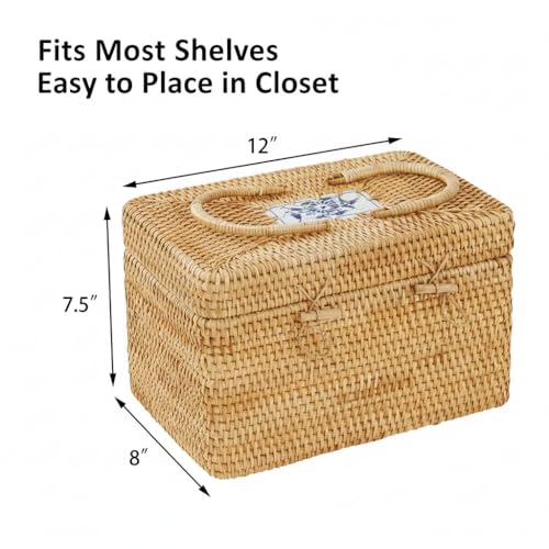 Rattan Storage Basket with Lid – 12×8×7.5 inch for Home - size: 12"×8"×7.5"