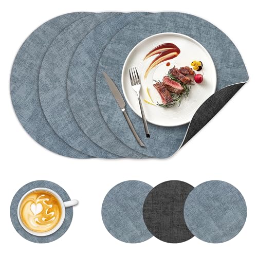 NCUE 13" Faux Leather Round Placemats Set of 4, Reversible Dual-Color - color: Deep Gray Light Blue