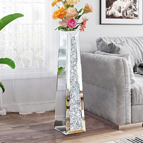 28.85" Tall Crushed Diamond Floor Vase, Silver Large Vases for Decor Living Room, Crystal Mirrored Home Decor Vases for Dried Flower - size: 6.5"L x 3.31"W x 28.85"H