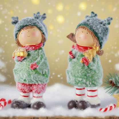 Christmas Boy Figurine with Snowy Antler Hat Small People Figurines Holding Golden Lantern Resin Freestanding Winter Holiday Decorations for Home Mantel Tabletop Display, 9"