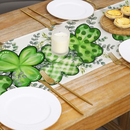 ONFAON St Patrick's Day Table Runner Decorations Shamrock Eucalyptus Heart Seasonal Spring Kitchen Dining Table Decoration for Home Party Decor 13x72 Inch - size: St Patricks 01
