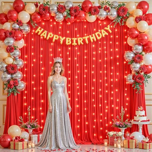 10 x 10ft Red Backdrop Curtains with Lights String for Party - color: Red, size: W5' x H10'(2 panels)