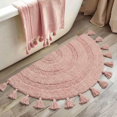 KOEXM Half Circle Crochet Cotton Rugs with Tassels Soft Hand-Woven - color: Blush Pink, size: 2' x 3'4" (Semicircular)