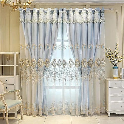 Amidoudou 1 Pair European Curtains with Valance Attached Double Layer Curtains for Living Room Bedroom (Blue,51x96 Inch) - color: Blue, size: 51"W x 96"L (Pack of 2)