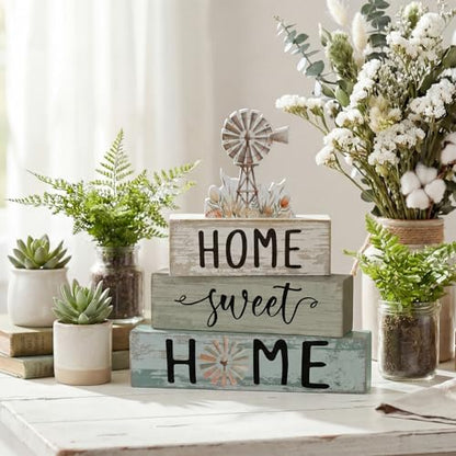 Cinnvoice 4 Pcs Summer Windmill Wooden Block Decor Farmhouse Tiered Tray - style: Windmill