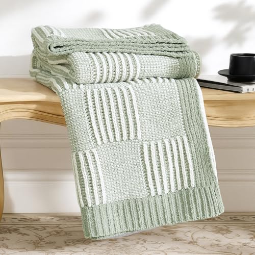 Amélie Home Checkered Knit Throw Blanket for Couch, Sage Green 50"x60" - color: Checkered Sage Green, size: 50" X 60"