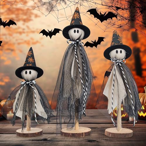 Halloween Decorations Ghost Shelf Sitters – Set of 3 Wooden Halloween decor with Witch Hats – Fabric Ghost Figures with Spiderweb Design – Table Decor for Tiered Tray, Mantel, Party Supplies(Black) - color: Black