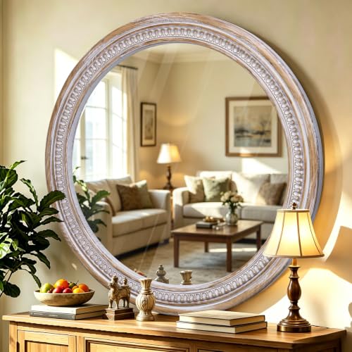 36 Inch Large Round Wood Mirror, Rustic Farmhouse Circle Mirrors for Wall - color: C - 36 in