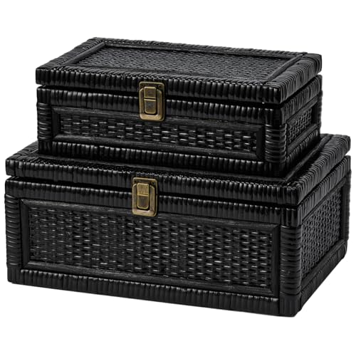 2PCS Rattan Box with Lid Decorative Natural Handmade Boho Basket - color: Black, size: Set of 2 (1 Large 1 Small)