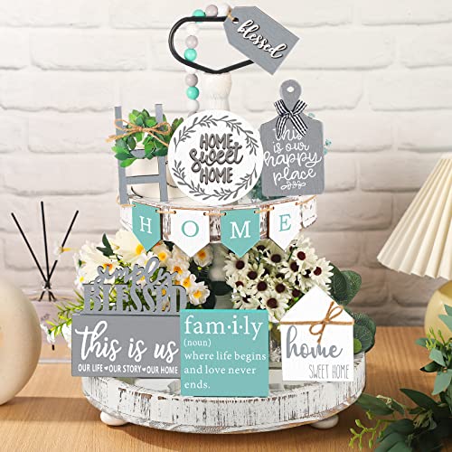 FairySandy 11 Pcs Home Tiered Tray Decor Minimalist Rustic Wooden Signs - style: Minimalist