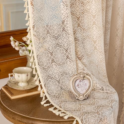Sheer Boho Lace Curtains 72 Inches Long, Beige, Set of 2 Panels - color: Beige, size: 59"W x 72"L (Pack of 2)