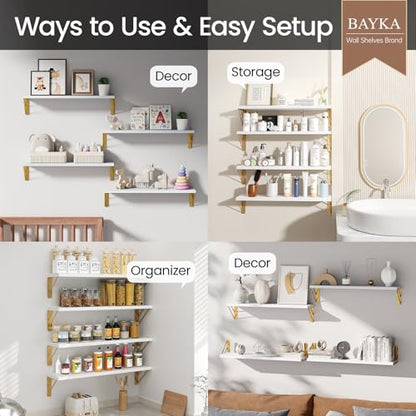 BAYKA 22.4 in Long Wall Mounted Floating Shelves (White and Gold, Set of 4) - color: B. White Board & Gold Brackets, size: 22.4 inches Uniform