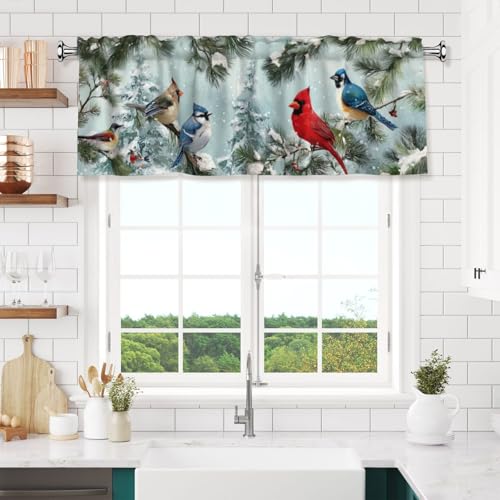 Worltoldb Winter Cardinal Bird Curtain Valance Short Rod Pocket Window Treatment for Living Room Bedroom Kitchen Bathroom 1 Panel 54" W x 18" L - color: Winter Cardinal Bird