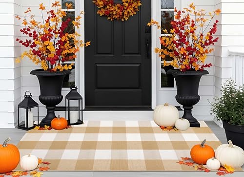 Khaki and White Outdoor Rug 2'x4.3',Cotton Washable Front Porch Rug - color: Khaki White, size: 2' x 4'3" (Rectangular)