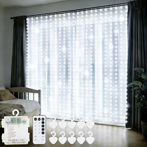 echosari Curtain Lights Battery Operated 9.8 x 9.8Ft with Timer Cool White | 300 LED Fairy Lights with Hooks for Bedroom Wedding Backdrop Indoor Christmas Decor - color: Cool White, size: 9.8 × 9.8 ft