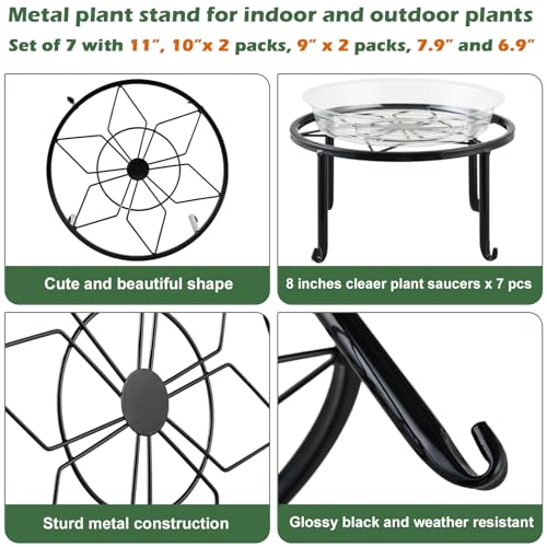 7-pack Metal Plant Stands Indoor Outdoor Rustproof Iron Potted Plant Holder Heavy-duty Round Flower Pot Riser Shelf for Garden, Patio, Corner Stand with Clear Water Tray 6.9"/ 7.9"/ 9"/ 10"/ 11" - size: 7 Pack (6.9, 7.9, 9, 10, 11 inch)