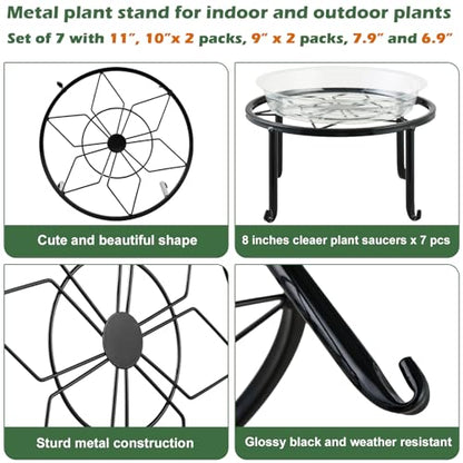 7-pack Metal Plant Stands Indoor Outdoor Rustproof Iron Potted Plant Holder Heavy-duty Round Flower Pot Riser Shelf for Garden, Patio, Corner Stand with Clear Water Tray 6.9"/ 7.9"/ 9"/ 10"/ 11" - size: 7 Pack (6.9, 7.9, 9, 10, 11 inch)