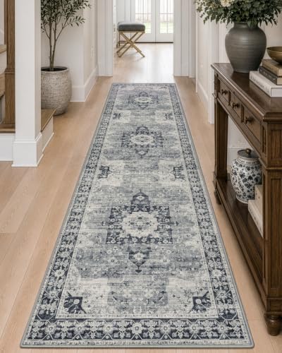 DEXI Hallway Runner Rug Non Slip Washable 3x12, Vintage Floral, Blue Grey - color: Blue Grey, size: 3' x 12' (Runner)