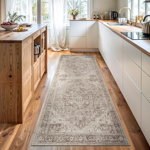 Bloom Rugs Washable Non-Slip 7 ft Runner - Beige/Gray Traditional Runner for Entryway, Hallway, Bathroom, and Kitchen - Exact Size: 2.5' x 7' - color: Beige / Gray, size: 2'6" x 7' (Runner)