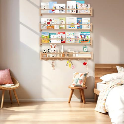 34Inch Nursery Book Shelves Wall Mounted, Floating Book Shelf for Kids Coat Rack with 6 Hooks, Wall Hanging Shelf for Baby Nursery Room Organizer ，Patent Number:US-D1058229-S(4, Burlywood) - color: Burlywood