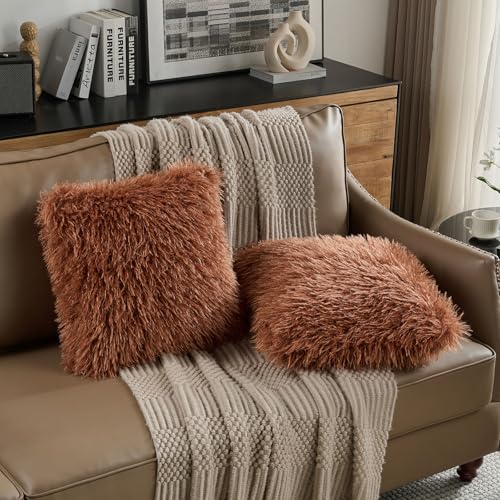 FUTEI Pack of 2 Faux Wool Throw Pillow Covers 18x18 Inch, Rust - color: Rust