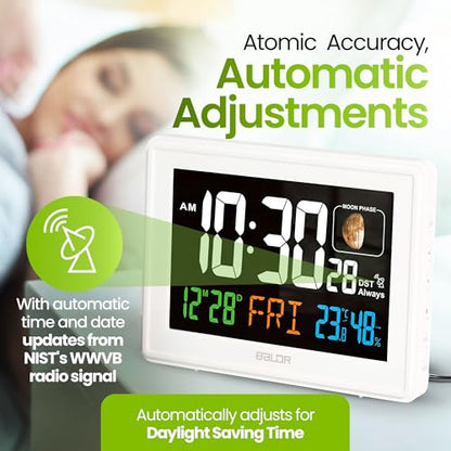 Baldr Digital Alarm Atomic Clock, 7'' Display with Adjustable Brightness - color: White