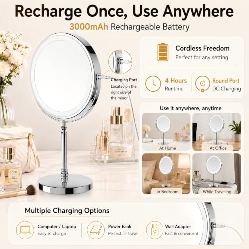 DEIOVWXS Makeup Mirror, Rechargeable Vanity Mirror with 3 Lights, 1X/10X - color: Chrome