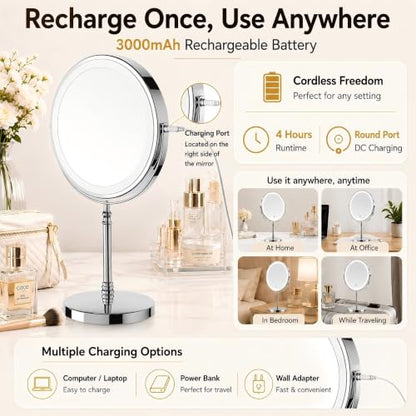 DEIOVWXS Makeup Mirror, Rechargeable Vanity Mirror with 3 Lights, 1X/10X - color: Chrome