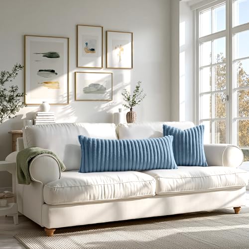 MIULEE Faux Fur Lumbar Throw Pillow Covers 12x20 Set of 2 Grey Blue - color: Blue Grey, size: 20" x 12" (Pack of 2)