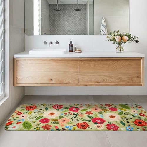 Floral Green Bathroom Rugs Large Long Bath Mat, Washable Bathroom Runner Rugs 24 x 60 Non Slip, Cute Flower Rug for Bathtub Floor - color: Floral Green, size: 2' x 5' (Runner)
