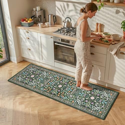 Yamaziot Boho Anti Fatigue Kitchen Rug Set of 2 Green, Non-Slip Kitchen Mat - color: Green & Black, size: 20"x32"+20"x59"
