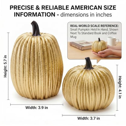 Gold Halloween Pumpkin Decor, Small Resin Pumpkins Set of 2 - color: Gold and Black-set of 2