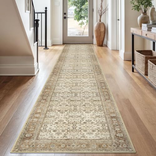 SIILOOM 2.6x16 Washable Runner Rug, Non Slip Area Rug for Hallway Kitchen - color: Beige/Brown, size: 2'7" x 16' (Runner)