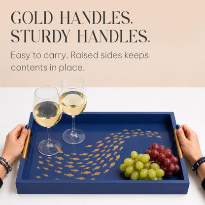 Serving Tray with Gold Fish Design, Navy by Death Decor - style: Navy Blue