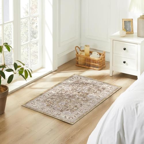 LOKHOM 2x3 Washable Area Rugs, Boho Floral Non-Slip Carpet Rug, Beige - color: Beige Brown, size: 2' x 3' (Rectangular)