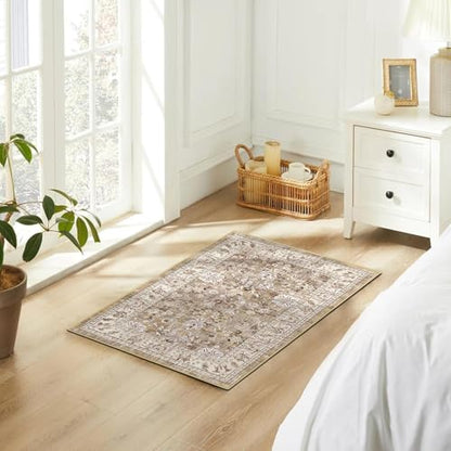LOKHOM 2x3 Washable Area Rugs, Boho Floral Non-Slip Carpet Rug, Beige - color: Beige Brown, size: 2' x 3' (Rectangular)