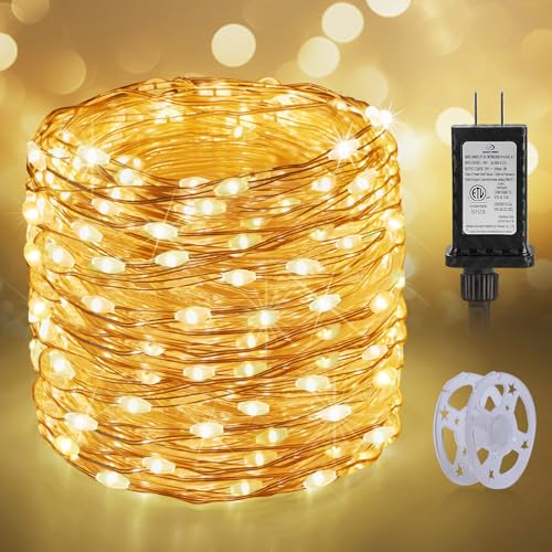 KNONEW 100FT 300LED Outdoor Fairy Lights Plug in Warm White Christmas Decor - color: Warm White, size: 100FT 300 LED Copper-colored wire