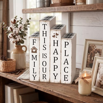 Xuhal 4 Pcs Farmhouse Home Decor, Wooden Rustic Table Decorations Family - style: Home