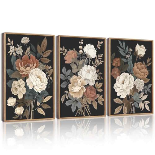 KUVIOKE Vintage Flower Framed Wall Art Watercolor Colorful Boho Floral Wall Decor Retro Wildflower Modern Art Prints for Living Room Bedroom 16x24in (Natural Framed) - color: Big Floral, size: 16 x 24in x 3 Panels Natural