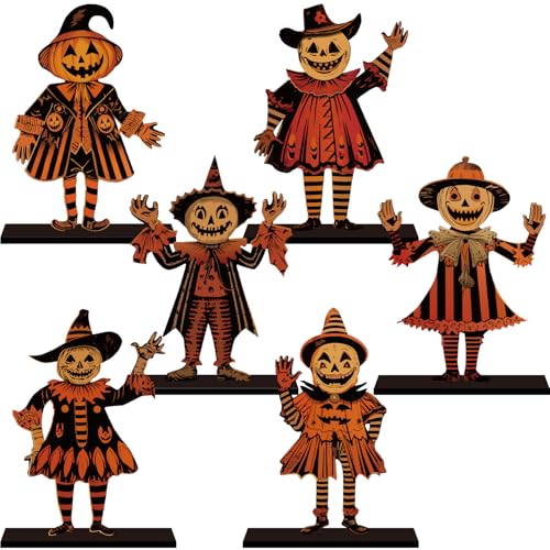 6pcs Vintage Halloween Decor for Home Wood Table Centerpieces | 6.3x4.2inch Horror Spooky Scarecrow Pattern Vintage Halloween Table Decorations Party Table Centerpieces