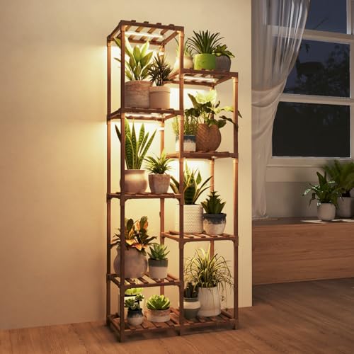 Bamworld Plant Stand with Grow Lights, 9 Tier Tall Large Wood Plant Shelf - color: Brown, size: 9 Tiers - Pro