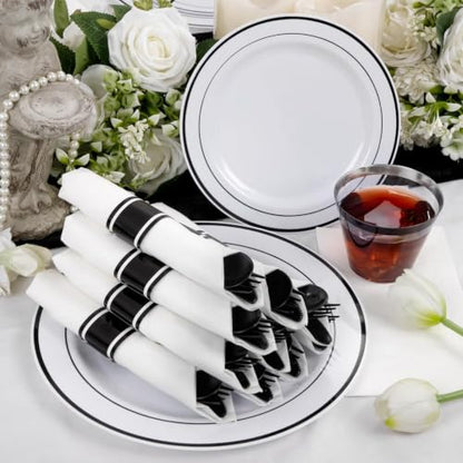 WELLIFE 210Pcs Black Plastic Dinnerware with Pre Rolled Napkins, Include:30 Dinner Plates, 30 Dessert Plates, 30 Paper Napkins, 30 Cups, 90 Plastic Cutlery - color: Black, style: 210PCS（30 Guests）