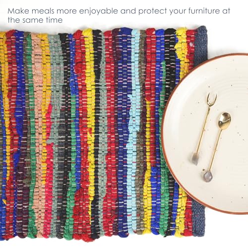 Set of 6 Eco-Friendly Rainbow Multi Chindi Placemats 13 x 19 Inch Pure Cotton Table Mats Woven Kitchen Placemats - color: Multicolor