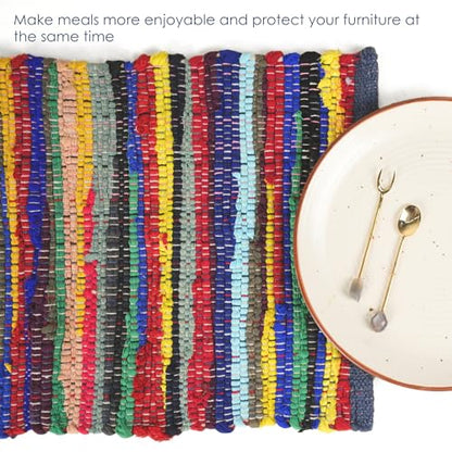Set of 6 Eco-Friendly Rainbow Multi Chindi Placemats 13 x 19 Inch Pure Cotton Table Mats Woven Kitchen Placemats - color: Multicolor